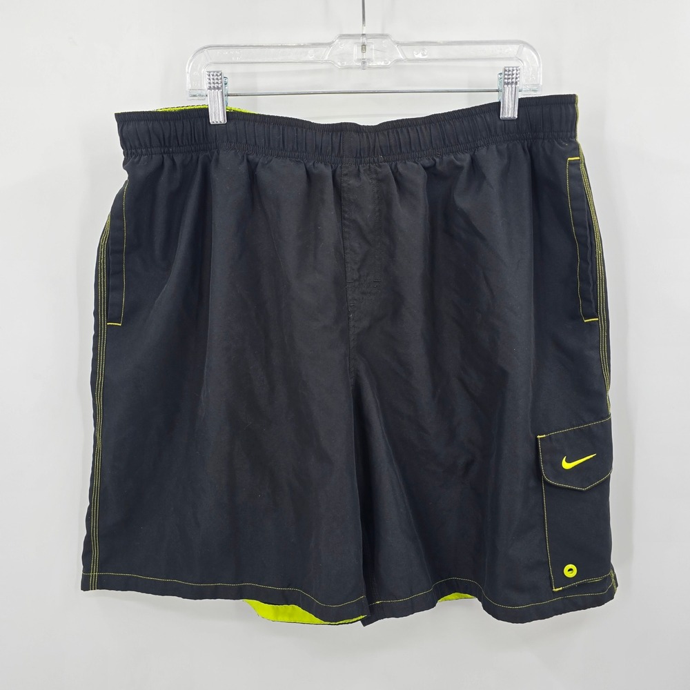 Nike Mens XXL Black Neon Green Contrast Stitch Cargo Swim Trunks Board Shorts